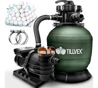 tillvex Depuradora de Agua para Piscina 10 m³/h + 800g Bolas de Filtro - 7 Funciones de Filtrado - Bomba de Filtro de Arena con Válvula (Verde)