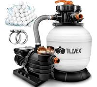 tillvex Depuradora de Agua para Piscina 10 m³/h + 800g Bolas de Filtro - 7 Funciones de Filtrado - Bomba de Filtro de Arena con Válvula (Blanco/Naranja)