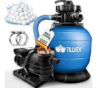 tillvex Depuradora de Agua para Piscina 13.200L/h hasta 40.000L + 1200g Bolas de Filtro - 7 Funciones & Adaptador 2en1 Ø32-38mm - Bomba de Filtro de Arena con Válvula (Azul con temporizador)