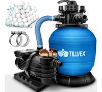 tillvex Depuradora de Agua para Piscina 13.200L/h hasta 40.000L + 1200g Bolas de Filtro - 7 Funciones de Filtrado - Bomba de Filtro de Arena con Válvula (Azul)
