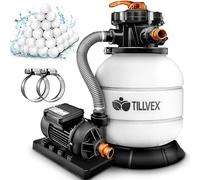 tillvex Depuradora de Agua para Piscina 7.900L/h + 400g Bolas de Filtro | 7 Funciones de Filtrado & Adaptador Ø32-38mm | Filtro de piscina con indicador de presión (Blanco/Naranja)