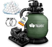 tillvex Depuradora de Agua para Piscina 7.900L/h + 400g Bolas de Filtro | 7 Funciones de Filtrado & Adaptador Ø32-38mm | Filtro de piscina con indicador de presión (Verde)