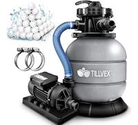 tillvex Depuradora de Agua para Piscina 7.900L/h + 400g Bolas de Filtro | 7 Funciones de Filtrado & Adaptador Ø32-38mm | Filtro de piscina con indicador de presión (Gris)