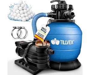 tillvex Depuradora de Agua para Piscina con Temporizador 10 m³/h + 800g Bolas de Filtro - 7 Funciones de Filtrado & Adaptador 2 en 1 Ø32-38 mm - Bomba de Filtro de Arena con Válvula (Azul)
