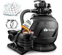 tillvex Depuradora de Agua para Piscina con temporizador 13.200L/h hasta 40.000L + 1200g Bolas de Filtro - 7 Funciones de Filtrado & Adaptador 2en1 Ø32-38 mm - Bomba de Filtro de Arena con Válvula