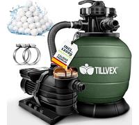 tillvex Depuradora de Agua para Piscina con temporizador 13.200L/h hasta 40.000L + 1200g Bolas de Filtro - 7 Funciones de Filtrado & Adaptador 2en1 Ø32-38 mm - Bomba de Filtro de Arena con Válvula