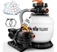 tillvex Depuradora de Agua para Piscina con temporizador 13.200L/h hasta 40.000L + 1200g Bolas de Filtro - 7 Funciones de Filtrado & Adaptador 2en1 Ø32-38 mm - Bomba de Filtro de Arena con Válvula