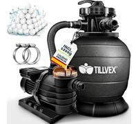tillvex Depuradora de Agua para Piscina con temporizador 13.200L/h hasta 40.000L + 1200g Bolas de Filtro - 7 Funciones de Filtrado & Adaptador 2en1 Ø32-38 mm - Bomba de Filtro de Arena con Válvula