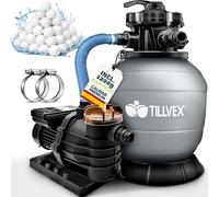 tillvex Depuradora de Agua para Piscina con temporizador 13.200L/h hasta 40.000L + 1200g Bolas de Filtro - 7 Funciones de Filtrado & Adaptador 2en1 Ø32-38 mm - Bomba de Filtro de Arena con Válvula