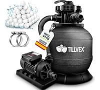 tillvex Depuradora de Agua para Piscina con temporizador 7.900L/h + 400g Bolas de Filtro | 7 Funciones de Filtrado & Adaptador Ø32-38mm | Filtro de piscina con indicador de presión (Negro)