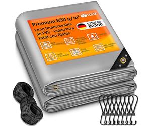 tillvex® Lona con Ojales + 10 Ganchos y Cuerda de 15 m, Lona de 650 g/m² Exterior, Impermeable y al desgarro, Lona de PVC Universal para Camiones, Piscinas, Muebles de jardín, Cubierta Cubierta