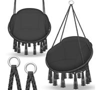 tillvex Silla Colgante hasta 150 kg | Columpio para Colgar en Exterior e Interior | Hamaca con Cuerda, Cojines y Flecos | Kit de Suspensión para Jardín, Terraza, Balcón (Negro (con cojín Grande))