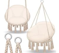 tillvex Silla Colgante hasta 150 kg | Columpio para Colgar en Exterior e Interior | Hamaca con Cuerda, Cojines y Flecos | Kit de Suspensión para Jardín, Terraza, Balcón (Beige (con cojín Grande))