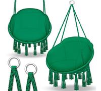 tillvex Silla Colgante hasta 150 kg | Columpio para Colgar en Exterior e Interior | Hamaca con Cuerda, Cojines y Flecos | Kit de Suspensión para Jardín, Terraza, Balcón (Verde (con cojín Grande))