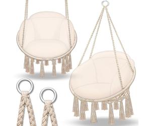 tillvex Silla Colgante hasta 150 kg | Columpio para Colgar en Exterior e Interior | Hamaca con Cuerda, Cojines y Flecos | Kit de Suspensión para Jardín, Terraza, Balcón (Beige (con cojín Grande))
