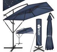tillvex® Sombrilla de Jardín Rectangular Ø 330 cm con Manivela + Funda con Manivela | Sombrilla con soporte & Protección Viento | Parasol mercado impermeable + Protección UV (Azul - sin LED)