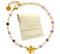 TILOVE - Pulsera de amatista natural para mujer con trébol de acero inoxidable dorado | Cuentas facetadas ~4 mm | Cadena ajustable 16 cm + 5 cm | Diseñada en Francia | Bolsa de regalo y tarjeta