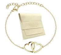 TILOVE - Pulsera Doble Corazón en Acero Inoxidable Dorado - Símbolo de Amor y Complicidad - Cadena Regulable 16 + 5 cm - Regalo Elegante con Bolsa de Microfibra y Tarjeta Inspiracional
