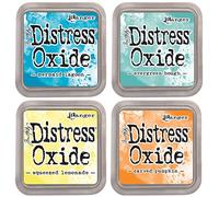 Tim Holtz Ranger Distress Oxide Ink Bundle B, cuatro almohadillas de 7,6 cm x 7,6 cm, diseño de sirena laguna, árbol de hoja perenne, limonada exprimida, calabaza tallada