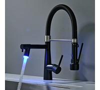 TIMACO Grifo de cocina con LED, manguera extensible con bloqueo, giratorio 360°, chorro retráctil, alta presión, negro