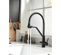 TIMACO Grifo de cocina de 3 vías, color negro, giratorio 360°, con grifo 3 en 1 para filtro de agua, grifo de resorte en espiral, grifo de agua potable con doble palanca, alta presión