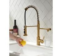 TIMACO Grifo de Cocina de 3 Vías Giratorio 360° con Ducha Extensible, 3 en 1 para Filtro de Agua, Resorte en Espiral, Agua Potable con Doble Palanca, Oro