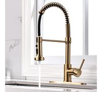 TIMACO Grifo de cocina dorado cepillado con rociador extraíble giratorio de 360°, grifo mezclador estándar de una sola manija