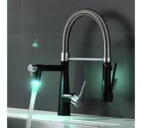 TIMACO Grifo de Cocina LED con Bloqueo de Ducha Extensible Giratorio 360° Monomando Mezclador y Rociador Extraíble de Alta Presión Níquel Cepillado y Negro