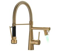 TIMACO Grifo de cocina LED dorado cepillado con rociador extensible con bloqueo - Giratorio 360° - Pulverizador extraíble - Alta presión - Grifo de cocina dorado cepillado