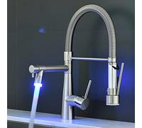 TIMACO Grifo de cocina LED dorado, con resorte en espiral, giratorio 360°, con dos caños, grifo de cocina y ducha extensible, alta presión, níquel cepillado