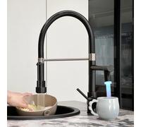 TIMACO - Grifo de cocina negro con LED, con llave de cierre, alcachofa extraíble, giratorio 360°, grifo mezclador, con una sola manija - Grifo de fregadero de alta presión