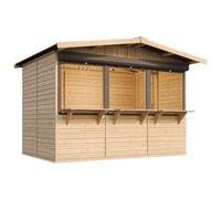 TIMBELA M150AZ Caseta de Jardín de Madera/Puesto de Mercado, Pino y Abeto, Mostrador de Venta con Barra, 263x336 cm (6 m²), Bar de Jardín Multifuncional, Caseta de Venta con 3 Persianas