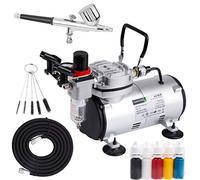 Timbertech Kit de aerógrafo con compresor AS18-2K Kit básico de inicio con manguera de aire, cepillos de limpieza y pinturas de prueba para pasatiempos, tatuajes corporales, pintura de modelos,