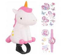 Timbre de bicicleta con diseño de unicornio y 2 pegatinas decorativas, sonido nítido y potente, accesorio práctico para bicicleta y patinete