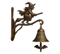 Timbre de bruja vintage de Halloween, campanas de bruja montadas en la pared con escoba, murciélago, decoración de silueta de bruja voladora de Halloween para puerta delantera, porche y pared, campana