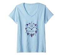 Time for Wine O'Clock Elegant Wine Lover'S Camiseta Cuello V, Mujer, Azul Bebé, XXL