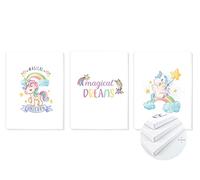 TIME HOME DEVELOPMENT Cuadros con Bastidor de Madera, Lienzo Impreso para decoración en habitación Dormitorio niños -Pack TRIPTICO 3 Cuadros con Bastidor Madera tamaño 30x40 (Unicornios)