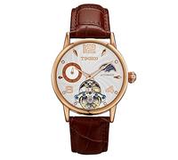 TIME100 Relojes Automáticos Mecánicos para Hombre Elegante Esfera Redonda multifunción Esqueleto Movimiento Visible Correa de Cuero Fase Lunar Resistencia al Agua(Blanco&Marron)