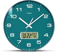 TIMESS Reloj de pared, esfera de 13 pulgadas, silencioso, funciona con pilas, analógico, con pantalla LCD para calendario perpetuo y temperatura F, ideal para decoración moderna del hogar y la oficina