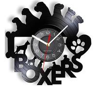 Timethink I Love Boxes - Reloj de pared con diseño de silueta de perro cortado con láser, diseño de raza de perro boxer, arte de pared vintage de 12 pulgadas, reloj de cachorro para pared, decoración