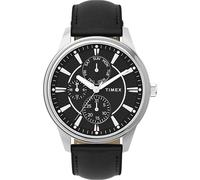 Timex Chicago TW2Y21600 - Reloj de cuarzo para hombre, correa de cuero negro con esfera negra y caja plateada, 45 mm