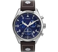 Timex Chronograph - Reloj de 42 mm para hombre, cuero marrón, esfera azul, caja de acero inoxidable TWG030000