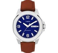 Timex Essex Day & Date TW2W92800 - Reloj con correa de cuero marrón con esfera azul y caja plateada para hombre, 46 mm