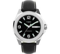 Timex Essex Day & Date TW2W92900 - Reloj con correa de cuero negro con esfera negra y caja plateada para hombre, 46 mm