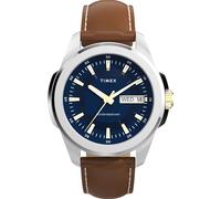 Timex Essex - Reloj de Pulsera para Hombre con día y Fecha, 45 mm, Esfera Azul de Dos Piezas, Color marrón y Caja Plateada