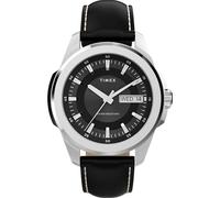 Timex Essex TW2Y20600 - Reloj de Cuarzo con Fecha y Hora de 45 mm para Hombre, Correa de Cuero Negro con Esfera Negra y Caja Plateada
