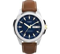 Timex Essex TW2Y38100 - Reloj de Cuarzo con Fecha y Hora de 45 mm para Hombre, Correa de Cuero marrón con Esfera Azul y Caja Plateada