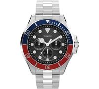 Timex Harborside Coast - Reloj multifunción para hombre, 43 mm, pulsera de acero inoxidable, esfera negra, caja plateada
