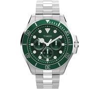 Timex Harborside Coast - Reloj multifunción para hombre, 43 mm, pulsera de acero inoxidable, esfera verde, caja plateada