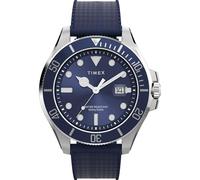 Timex Harborside Coast - Reloj para Hombre de 43 mm, Correa Negra, Esfera Azul, Caja Plateada